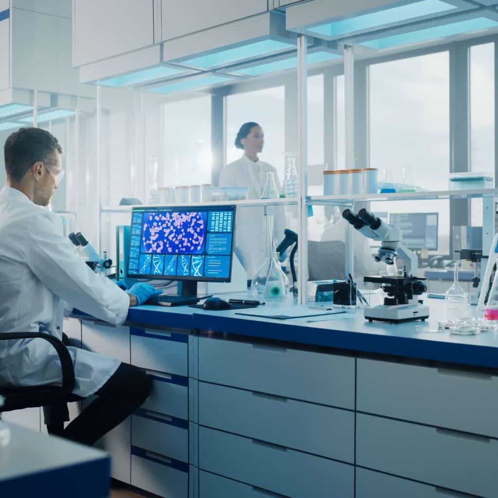 Medical Science Laboratory with Diverse Multi-Ethnic Team of Biotechnology Scientists Developing Drugs, Microbiologist Working on Computer with Display Showing Gene Editing Interface.