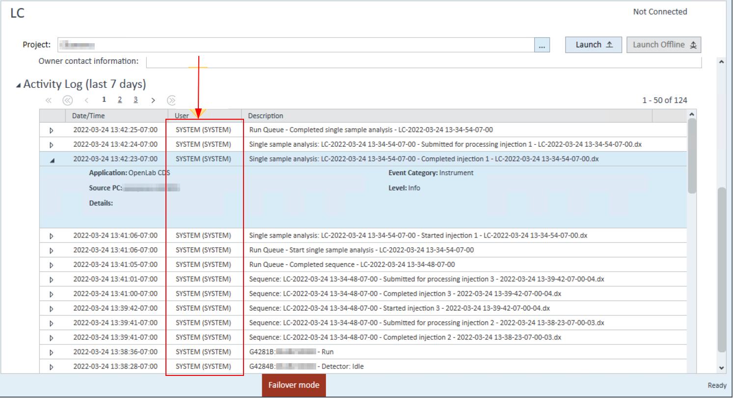 Figure 7 - Agilent OpenLab CDS – Activity Log during Failover Mode