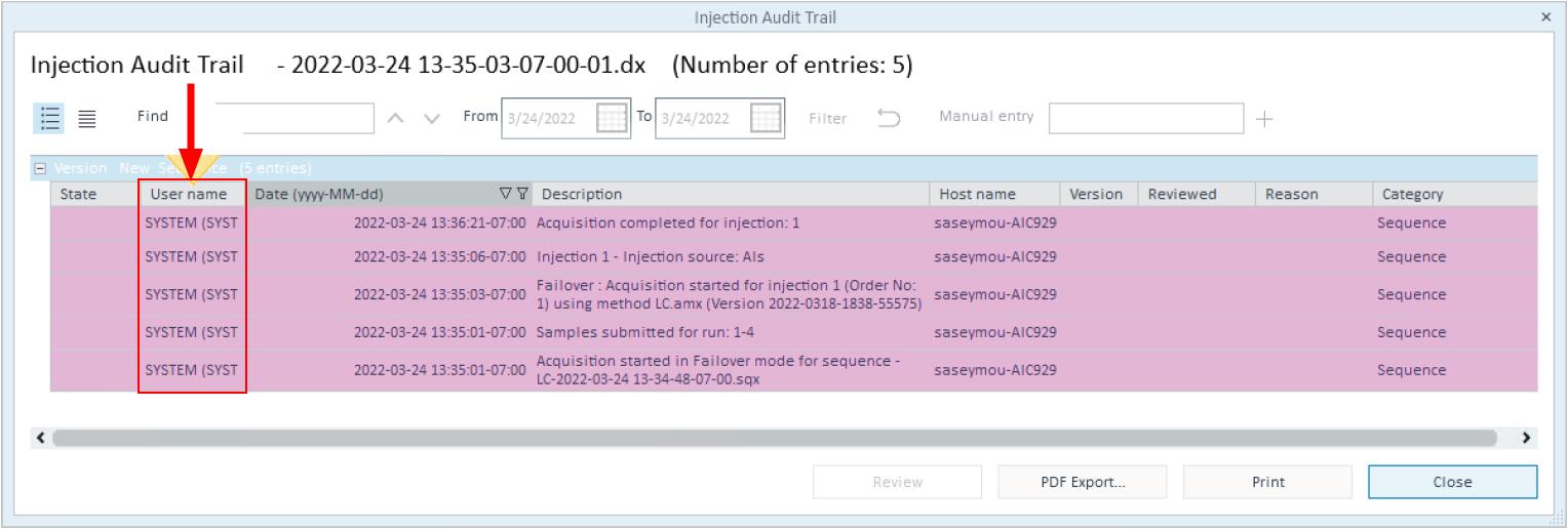 Figure 8 - Agilent OpenLab CDS – Injection Audit Trail during Failover Mode